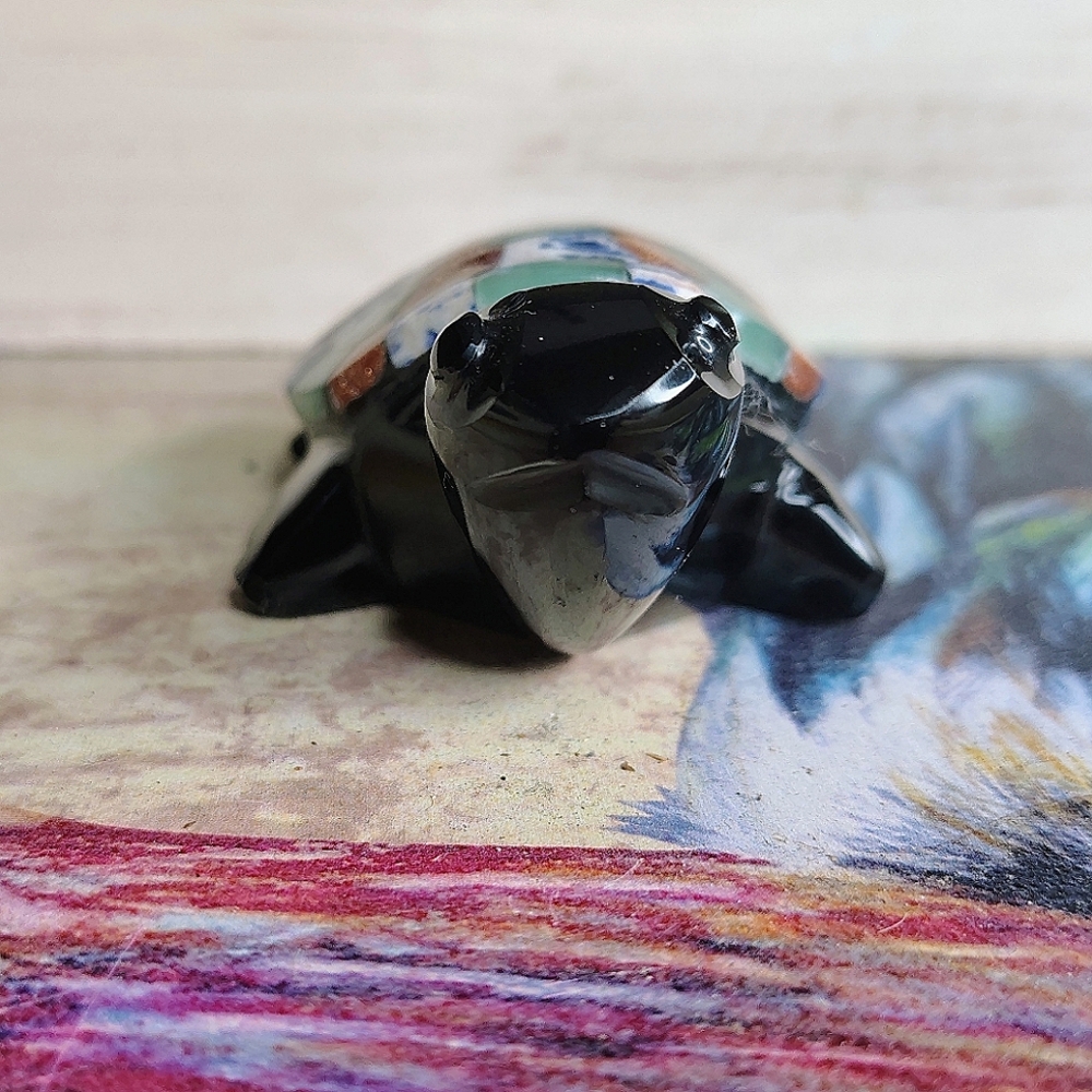 Vintage Obsidian Mosaic Multi-Stone Turtle Figure - Picture 8 of 10